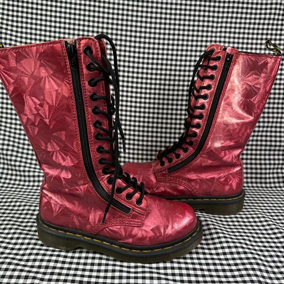 Dr Martens Vtg 14 Eye Jewel Pink Red Holographic Double Zipper Combat Boots US 5 - Picture 1 of 6